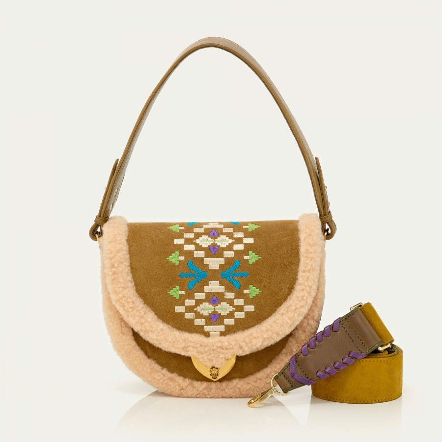 Bags Claris Virot  | Big Victoria Bag Olive Suede Embroidered And Cream Shearling